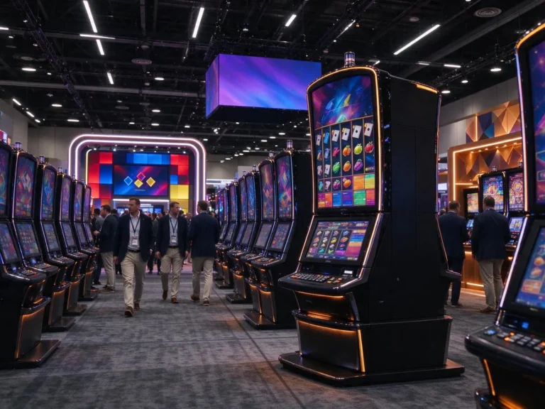 Rows of new slot cabinets on a Las Vegas gaming expo show floor