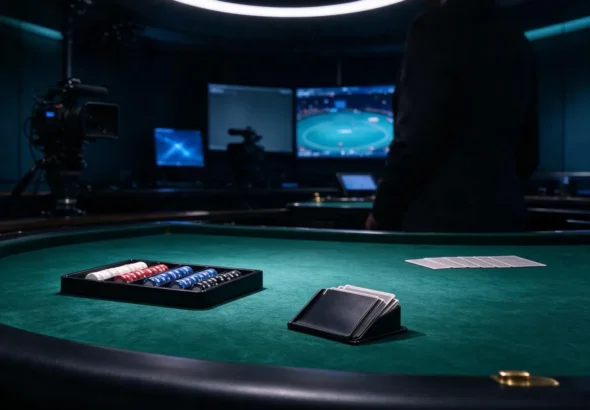 Live dealer blackjack table inside a modern broadcast casino studio
