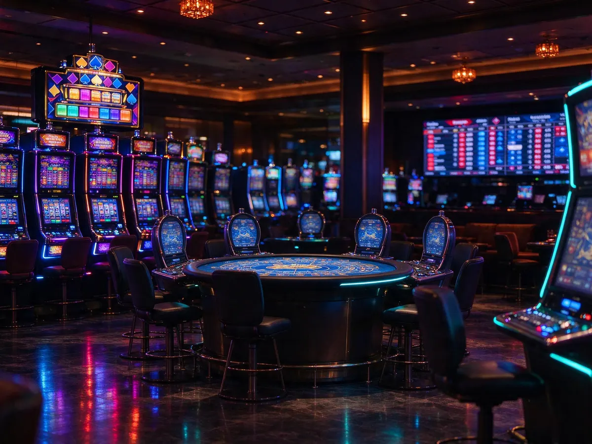 Slot cabinets and electronic table game terminals on a casino floor with sportsbook odds screens behind them