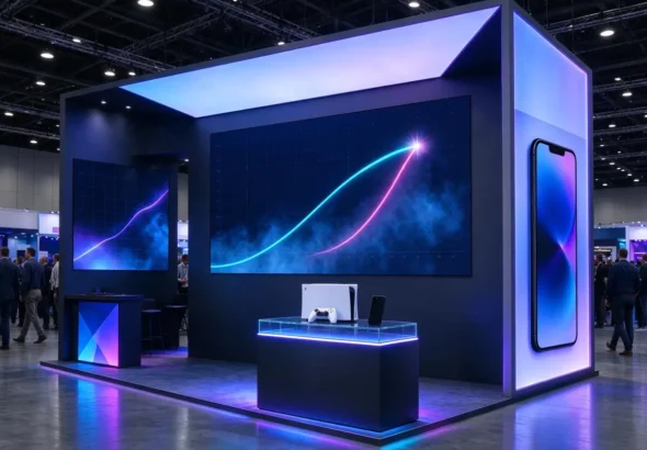 Trade show stand showing crash game multiplier screens and a prize display at an iGaming conference
