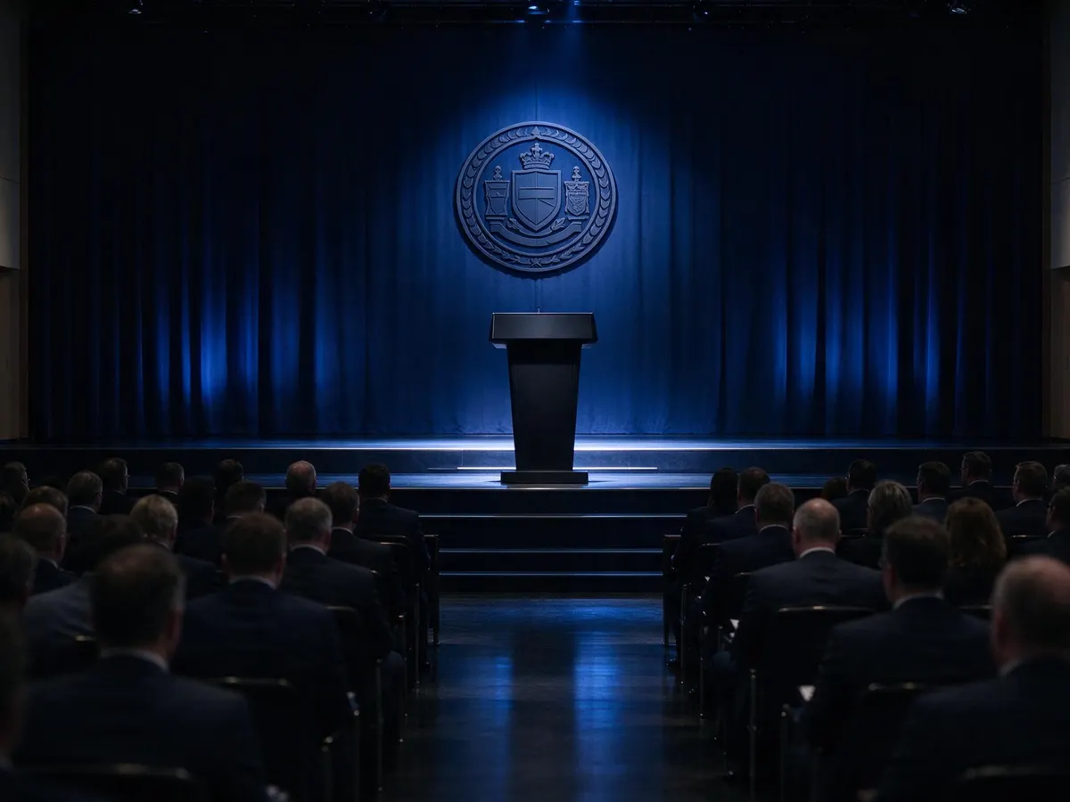 A gaming regulator's keynote lectern on a conference stage before an audience of industry delegates