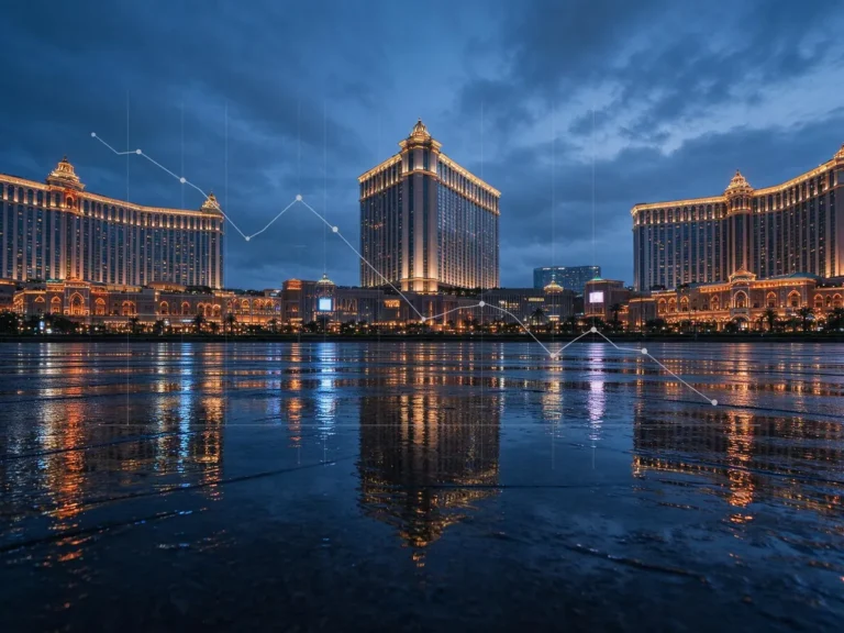Macau's Cotai Strip casino skyline with a downward trending revenue chart overlaid