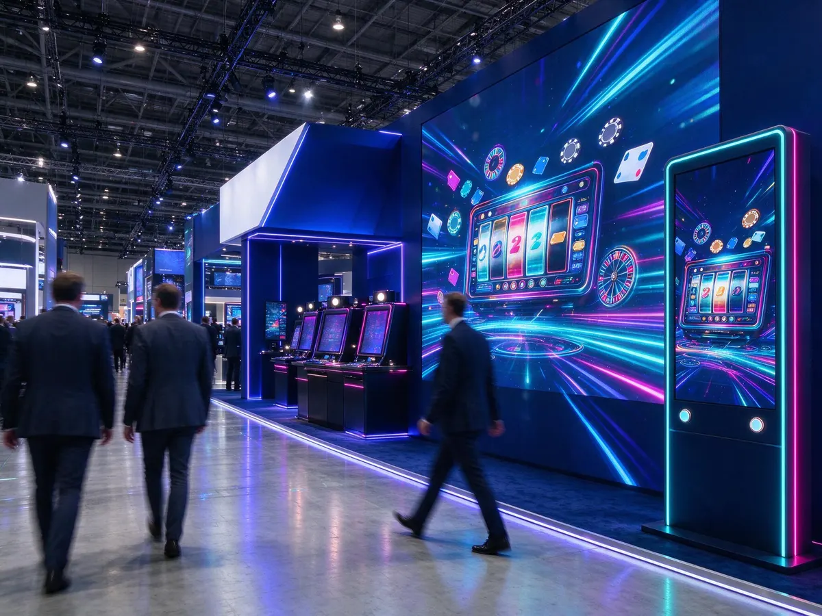 Exhibition stand at an iGaming trade show with screens displaying casino game interfaces