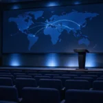 Empty conference keynote stage with screens linking the UK and United States, representing cross-border gambling regulation dialogue