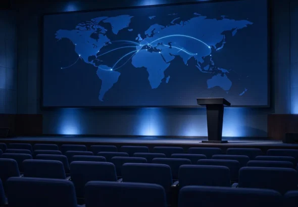 Empty conference keynote stage with screens linking the UK and United States, representing cross-border gambling regulation dialogue