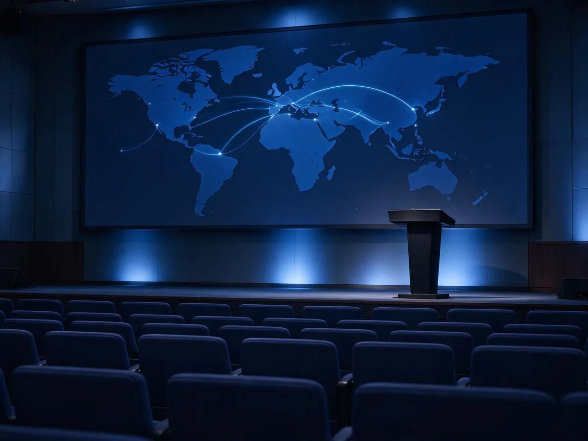 Empty conference keynote stage with screens linking the UK and United States, representing cross-border gambling regulation dialogue